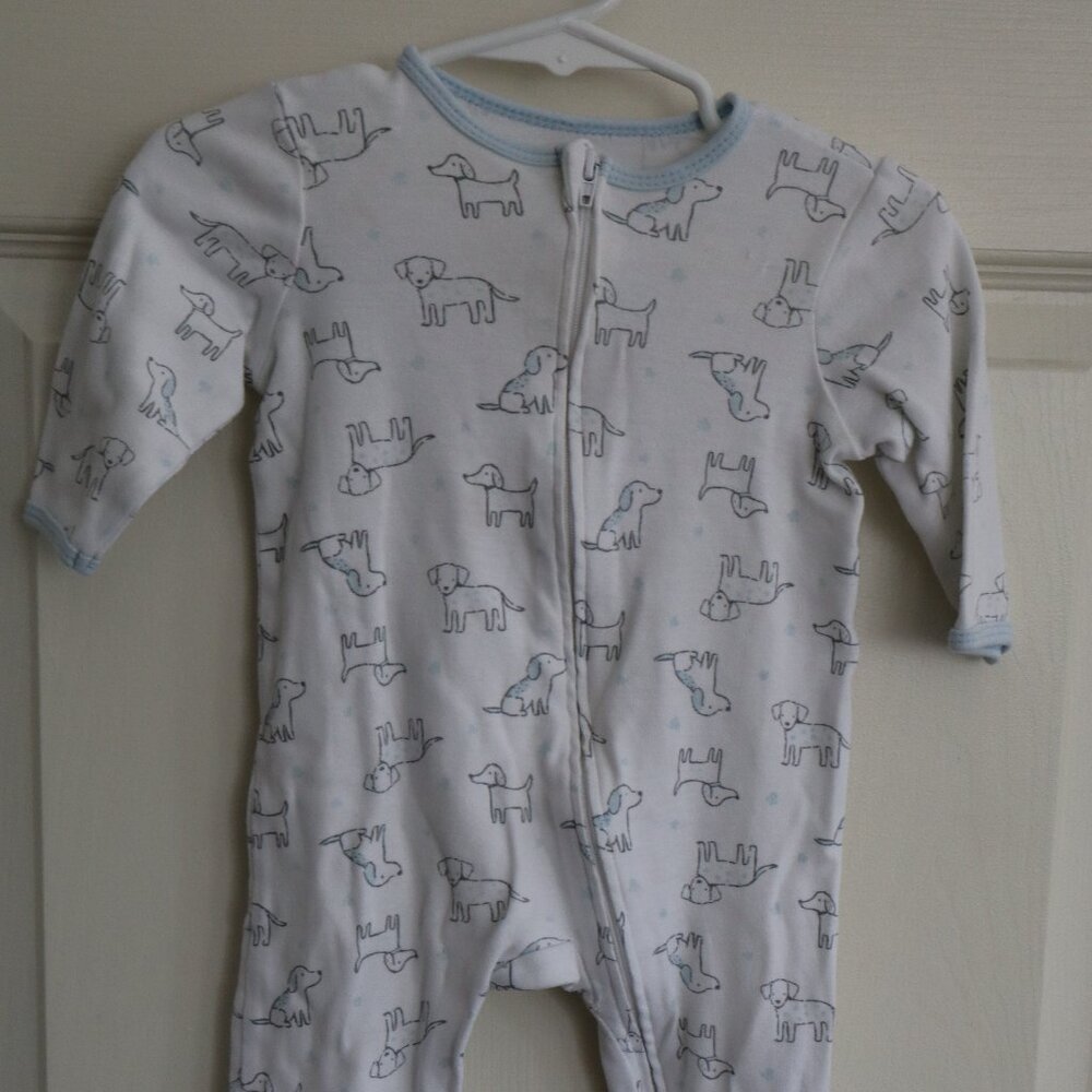 Puppy themed Footed Sleeper White with blue accents and dog pattern Little Me 6m